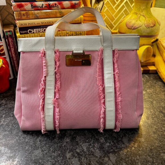 Authentic Kate Spade Pink & White Canvas Leather Tote – Lady in Pink Shoulder Ba - Picture 1 of 5